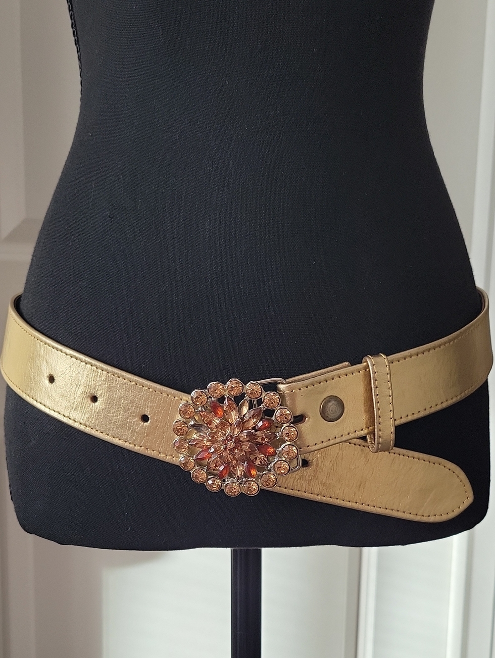 Wink Gold Leather Belt with Floral Crystal Buckle